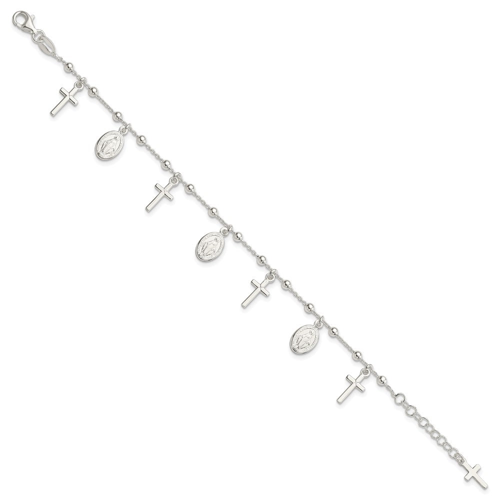 Sterling Silver Polished w/1in ext Cross Virgin Mary Medal Bracelet