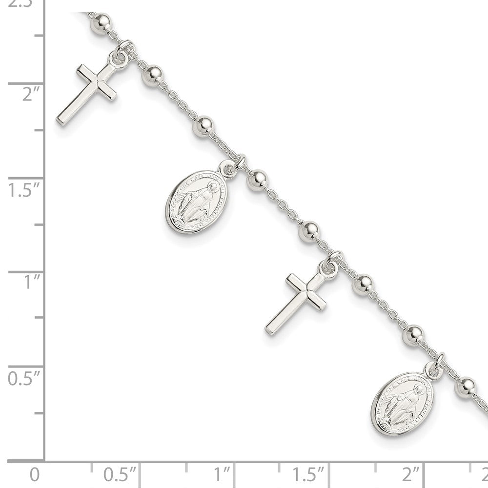 Sterling Silver Polished w/1in ext Cross Virgin Mary Medal Bracelet