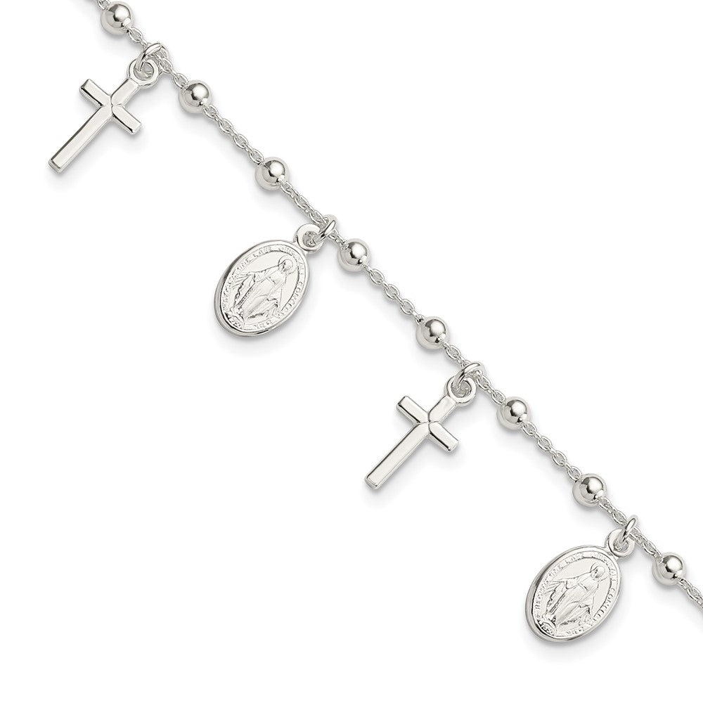 Sterling Silver Polished w/1in ext Cross Virgin Mary Medal Bracelet