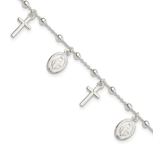 Sterling Silver Polished w/1in ext Cross Virgin Mary Medal Bracelet