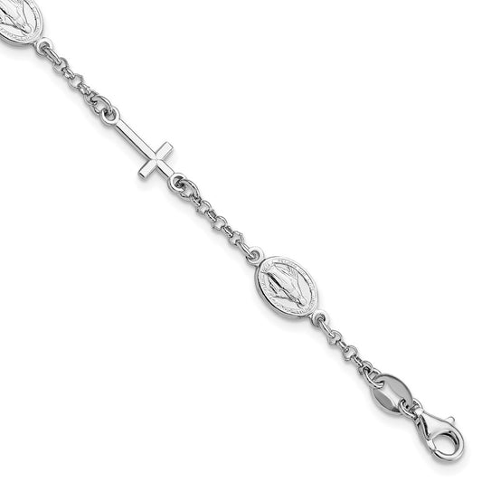 Sterling Silver RH-Plate Cross Virgin Mary Medal 6in w/1in ext Bracelet