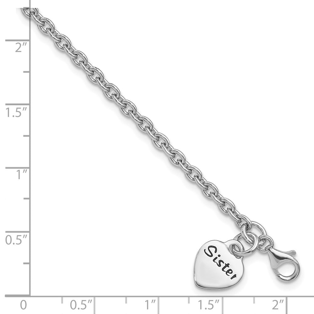 Sterling Silver Rhodium-plated Antiqued Sister Heart Dangle Bracelet