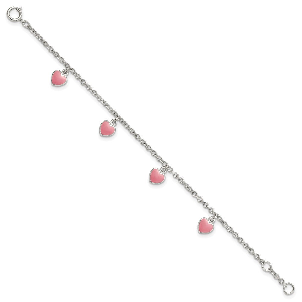 Sterling Silver Rhod-pltd Enamel Hearts 5.5in w/.5in ext Bracelet