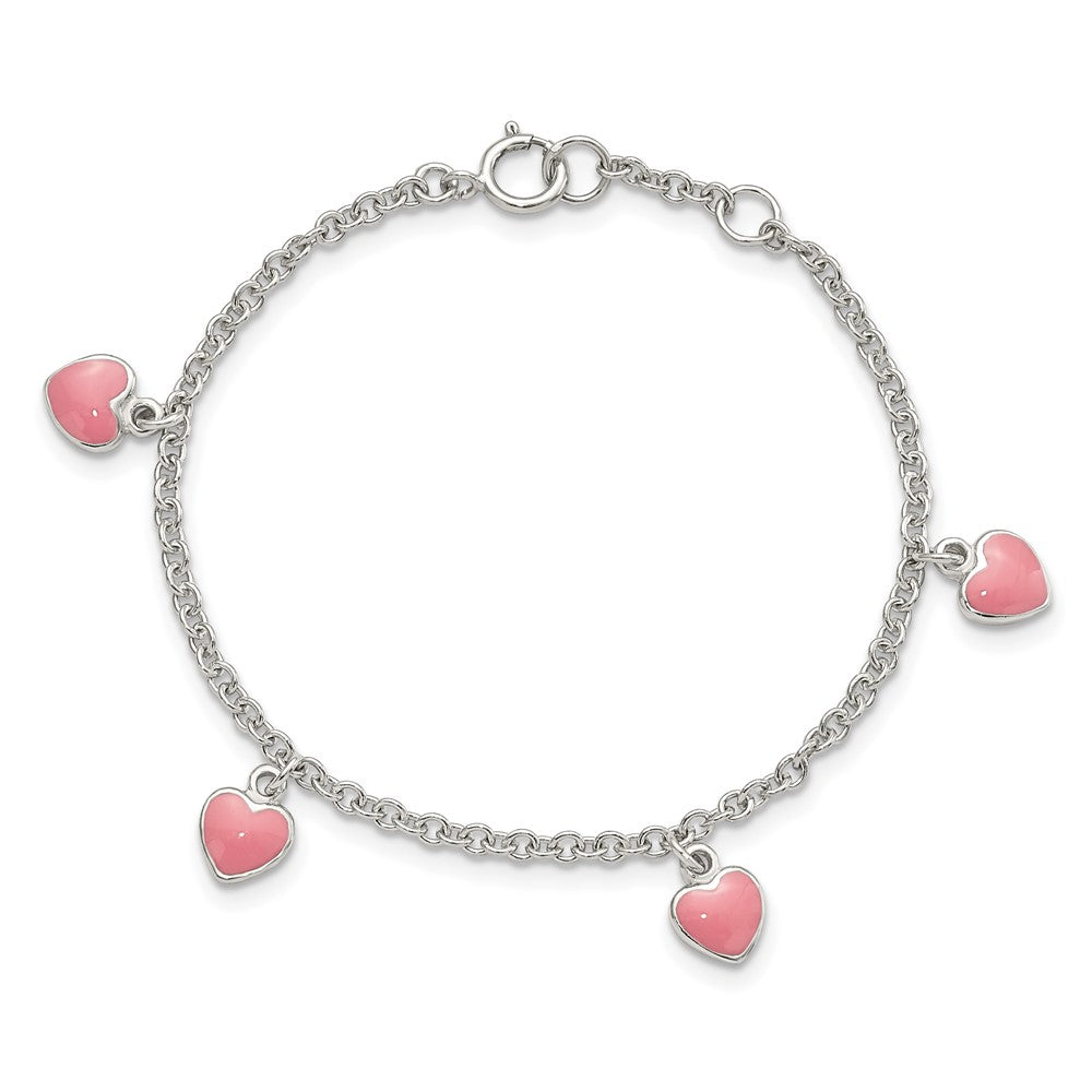 Sterling Silver Rhod-pltd Enamel Hearts 5.5in w/.5in ext Bracelet