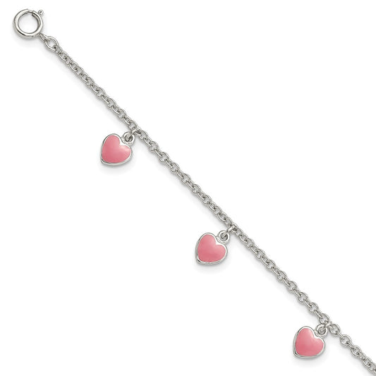 Sterling Silver Rhod-pltd Enamel Hearts 5.5in w/.5in ext Bracelet