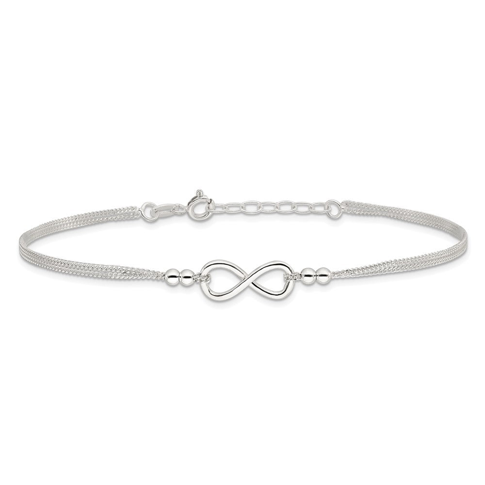 Sterling Silver 2-Strand Beaded Infinity Symbol 10in Plus 1in ext. Anklet