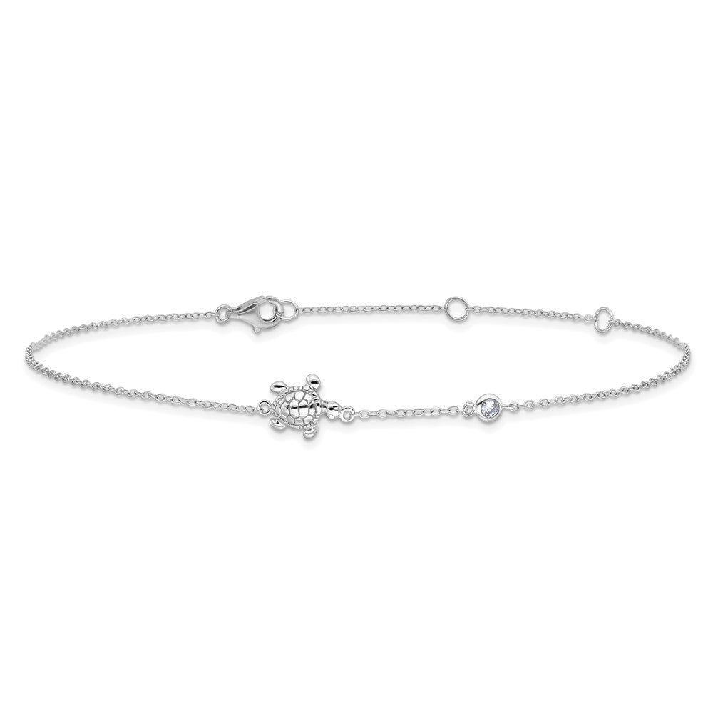 Sterling Silver Rhodium-plated Polished CZ Turtle 9 inch with a 2 inch extention Anklet