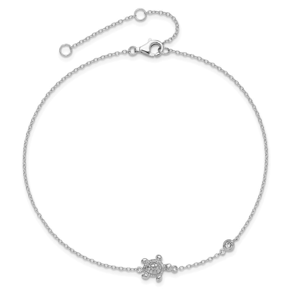 Sterling Silver Rhodium-plated Polished CZ Turtle 9 inch with a 2 inch extention Anklet