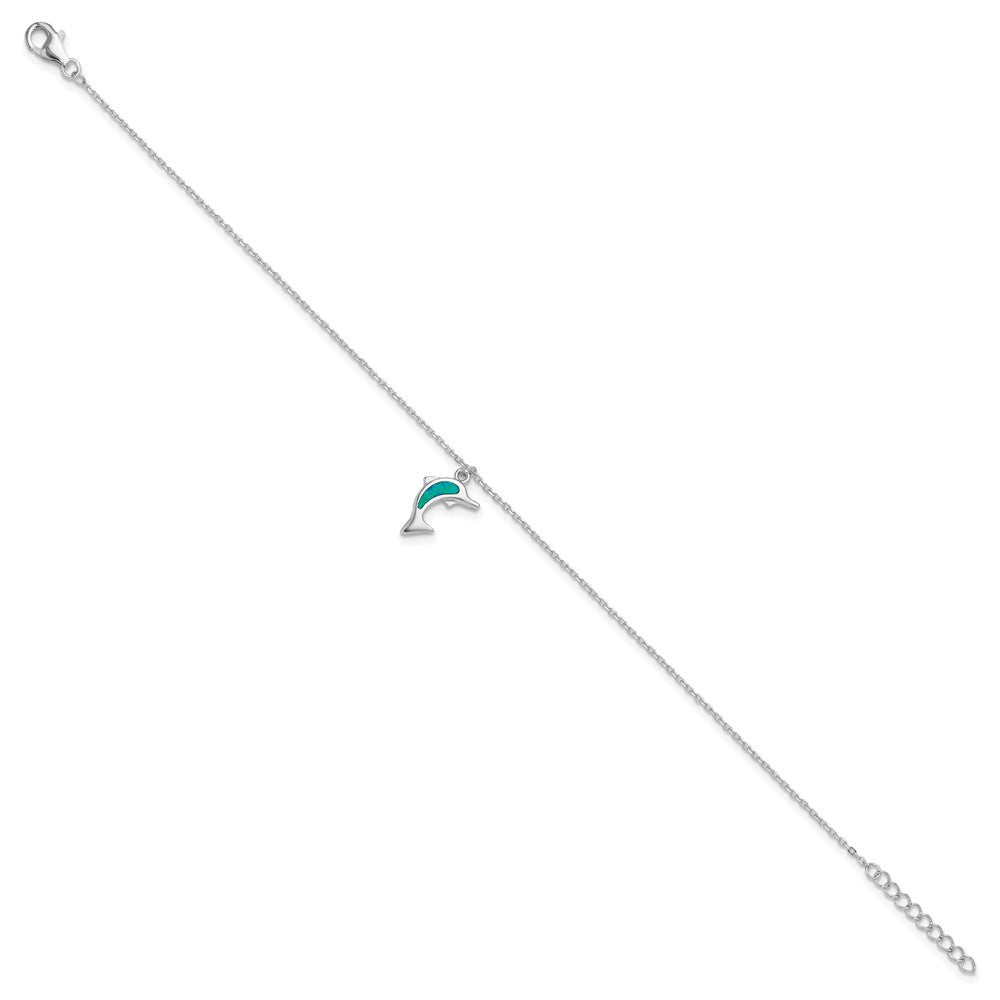 Sterling Silver Rhodium-plated Created Opal Dolphin 9 inch with an 1 inch extention Anklet