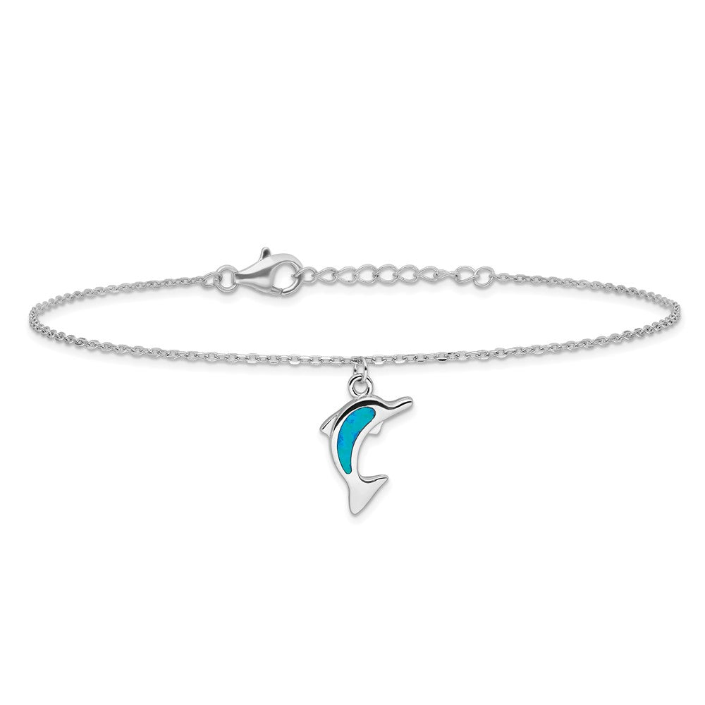 Sterling Silver Rhodium-plated Created Opal Dolphin 9 inch with an 1 inch extention Anklet