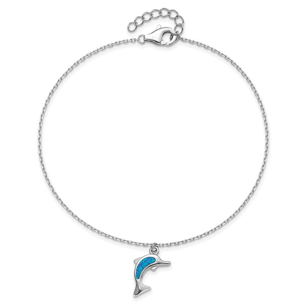 Sterling Silver Rhodium-plated Created Opal Dolphin 9 inch with an 1 inch extention Anklet
