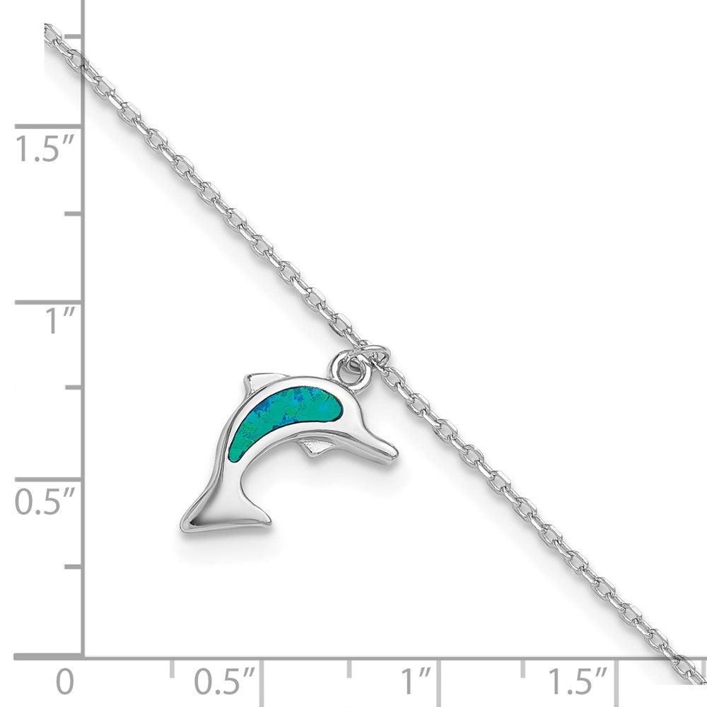 Sterling Silver Rhodium-plated Created Opal Dolphin 9 inch with an 1 inch extention Anklet
