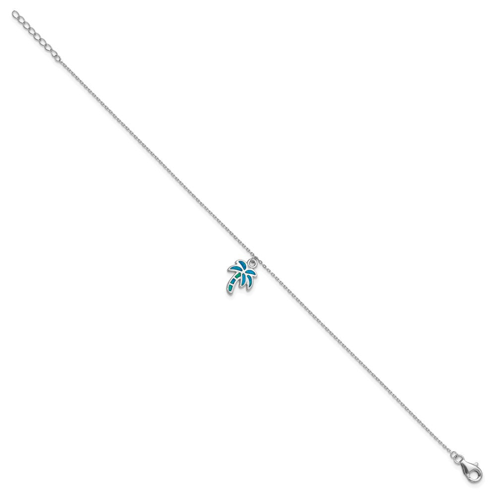 Sterling Silver Rhodium-plated Created Opal Palm Tree 9 inch with a 1 inch extention Anklet