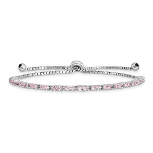 Sterling Silver Rhodium Plated October Pink CZ  Adjustable Bracelet