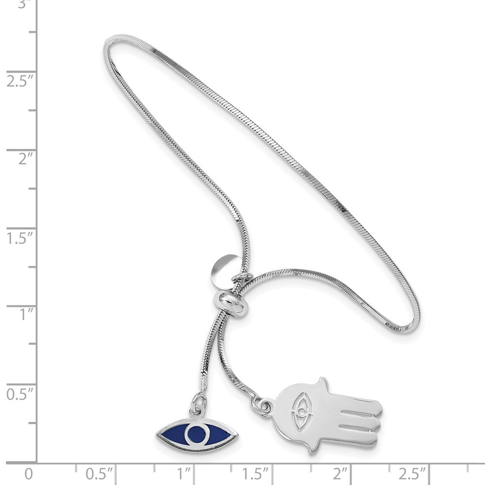 Sterling Silver RH-plated Enamel Eye and Hamsa Adjustable Bracelet
