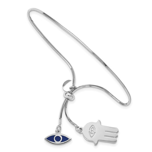 Sterling Silver RH-plated Enamel Eye and Hamsa Adjustable Bracelet