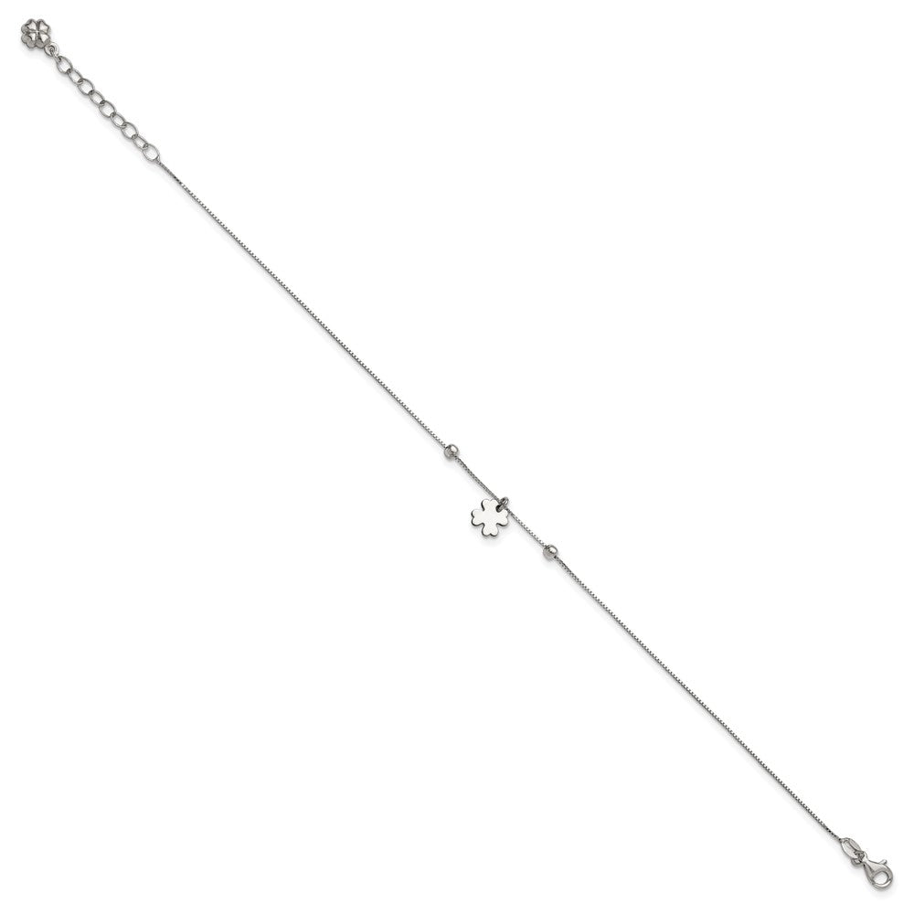 Sterling Silver Rhodium-plated Clover Dangle 9in w/1in ext Anklet