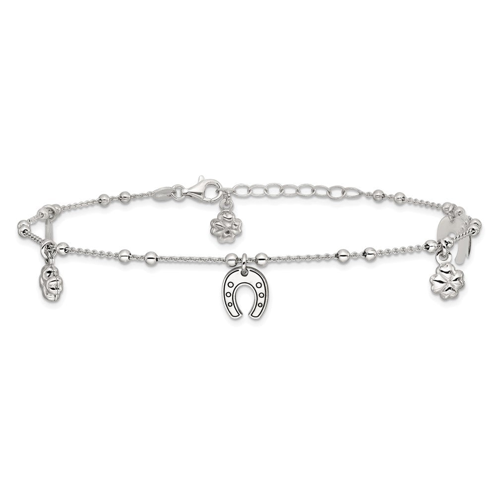 Sterling Silver Rhodium-plated Clover/Horseshoe Dangle 9in w/1in ext Anklet