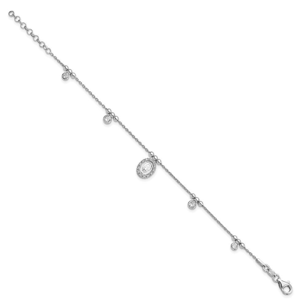Sterling Silver Rhodium-plated CZ Virgin Mary Medal w/1in ext. Bracelet