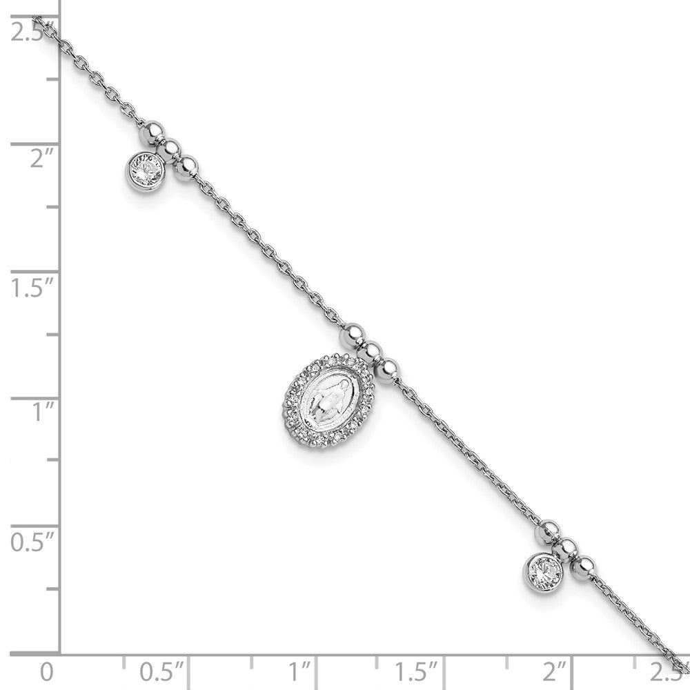 Sterling Silver Rhodium-plated CZ Virgin Mary Medal w/1in ext. Bracelet