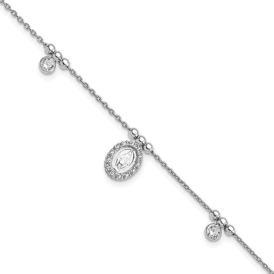 Sterling Silver Rhodium-plated CZ Virgin Mary Medal w/1in ext. Bracelet