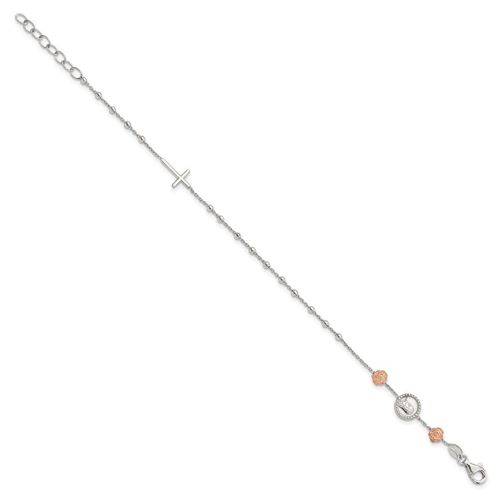 Sterling Silver Beaded with Rose-tone Roses Religious 7 inch Bracelet with1 inch extension