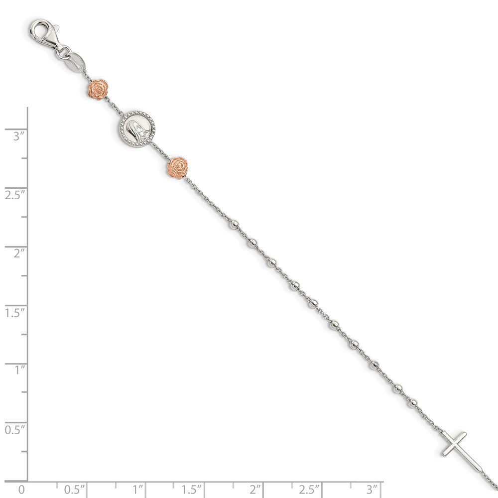 Sterling Silver Beaded with Rose-tone Roses Religious 7 inch Bracelet with1 inch extension