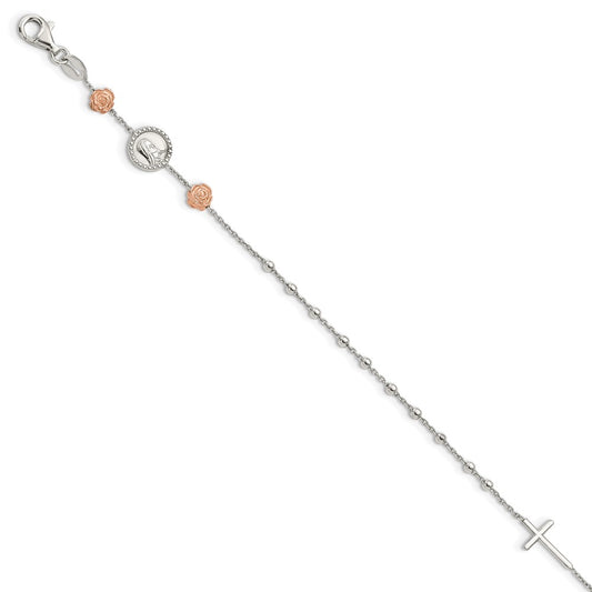 Sterling Silver Beaded with Rose-tone Roses Religious 7 inch Bracelet with1 inch extension