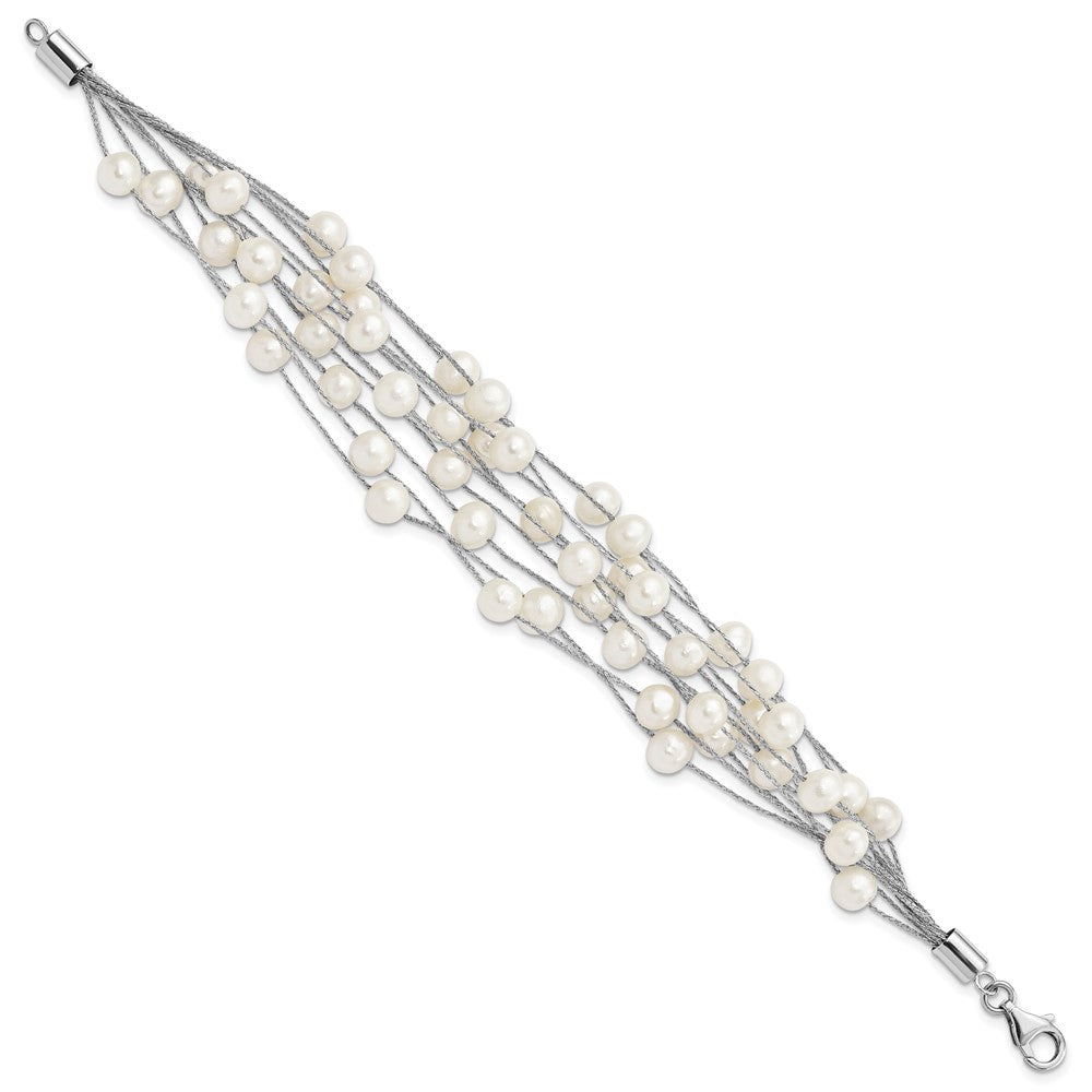 Sterling Silver Rhodium-plated 7-8mm White Semi-Round Freshwater Cultured Pearl Multi Strand 7.25 inch Bracelet