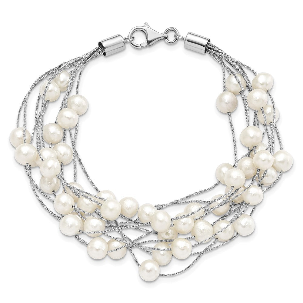 Sterling Silver Rhodium-plated 7-8mm White Semi-Round Freshwater Cultured Pearl Multi Strand 7.25 inch Bracelet