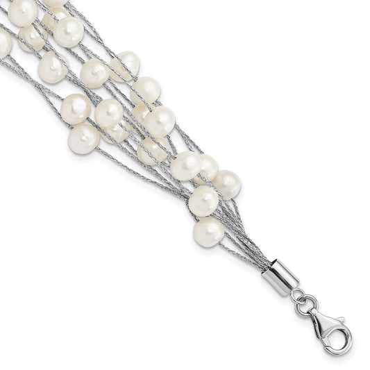 Sterling Silver Rhodium-plated 7-8mm White Semi-Round Freshwater Cultured Pearl Multi Strand 7.25 inch Bracelet