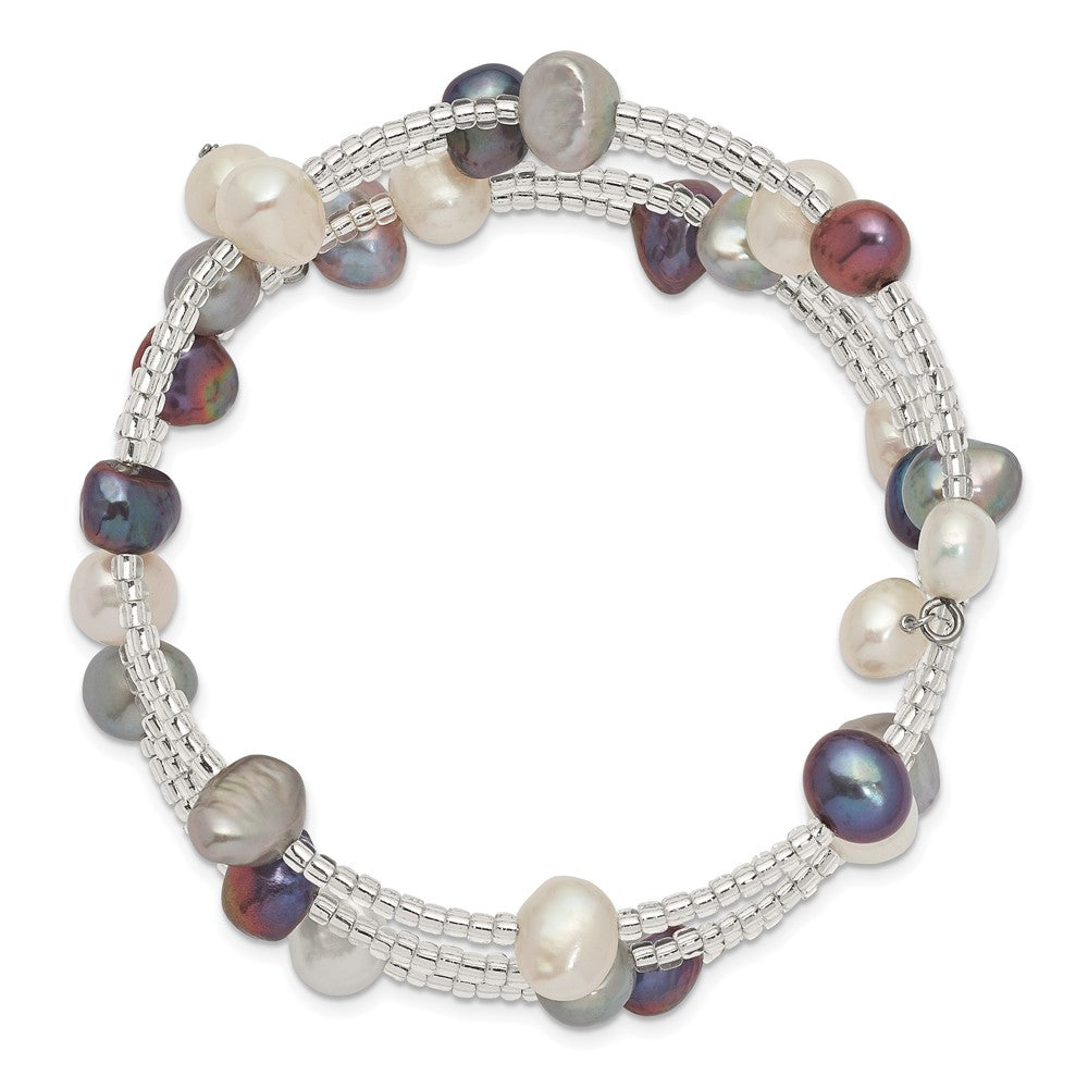 7-8mm Black, Grey and White Baroque Freshwater Cultured Pearl and Glass Beaded 3-row Warp Bracelet