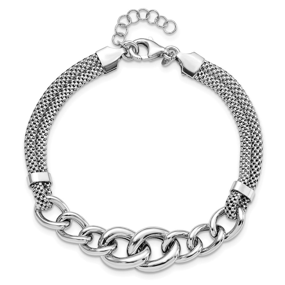 Sterling Silver Rhodium-plated Fancy Chain w/1in Ext. 2-strand Bracelet