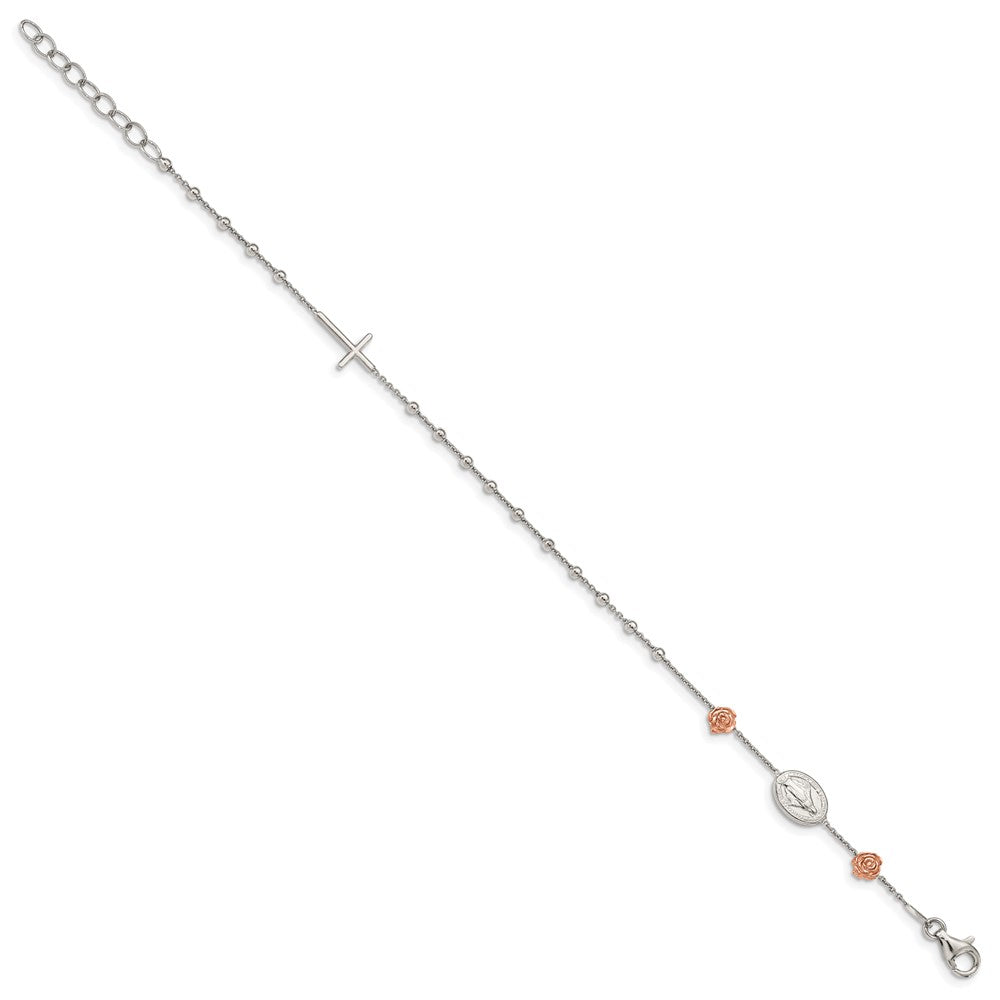 Sterling Silver Rhod-plted Rose-tone Roses w/Cross w/1in ext Bracelet