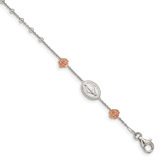 Sterling Silver Rhod-plted Rose-tone Roses w/Cross w/1in ext Bracelet