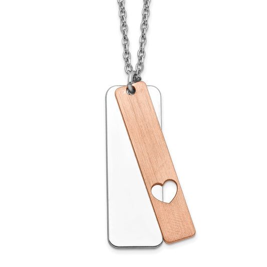 Sterling Silver RH-plated Dogtag w/Rose-tone Heart w/1.25in ext Necklace
