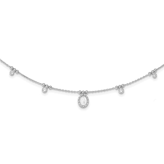 Sterling Silver RH-plated CZ Virgin Mary Medal w/1.5in ext. Necklace