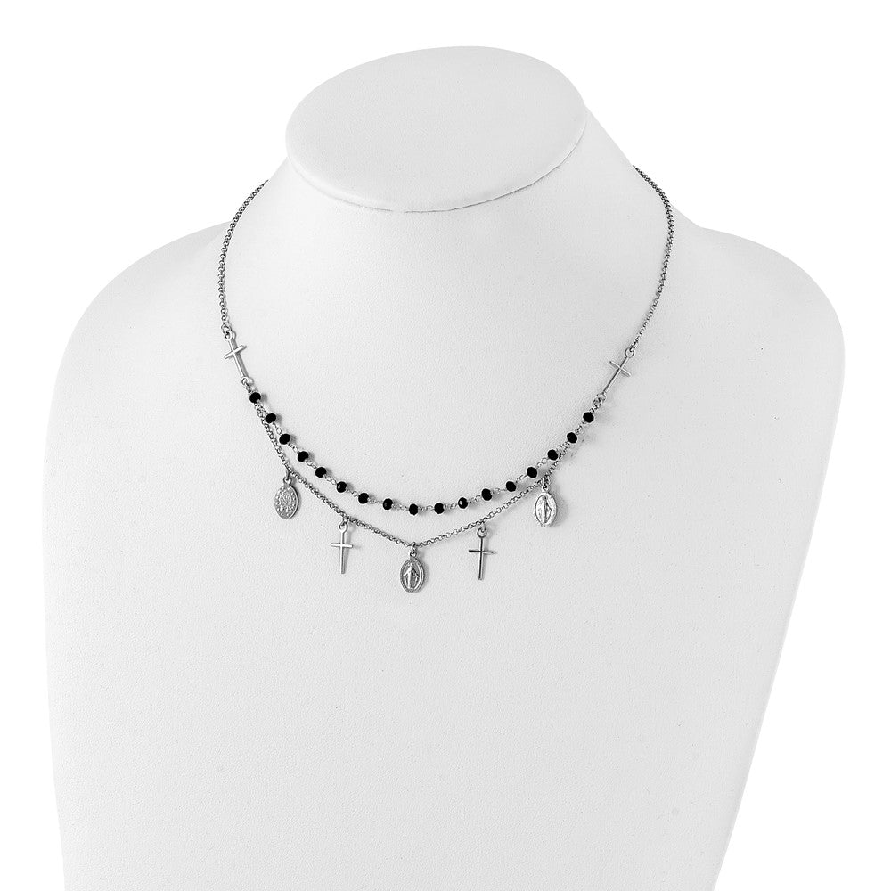 Sterling Silver RH-plated Black Beaded Cross/Virgin Mary Medal Necklace