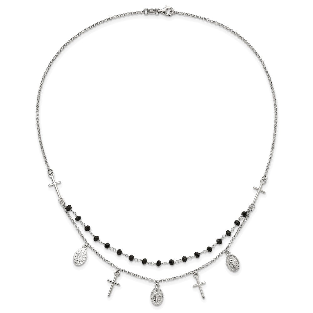 Sterling Silver RH-plated Black Beaded Cross/Virgin Mary Medal Necklace
