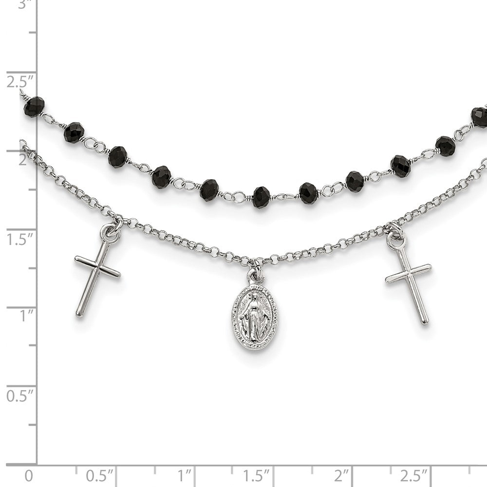 Sterling Silver RH-plated Black Beaded Cross/Virgin Mary Medal Necklace