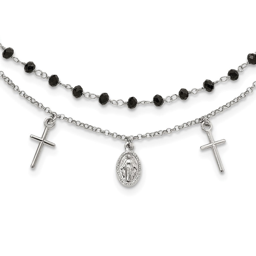 Sterling Silver RH-plated Black Beaded Cross/Virgin Mary Medal Necklace