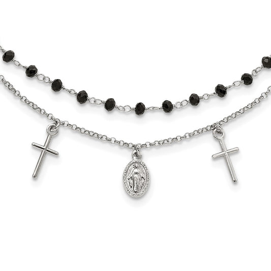 Sterling Silver RH-plated Black Beaded Cross/Virgin Mary Medal Necklace