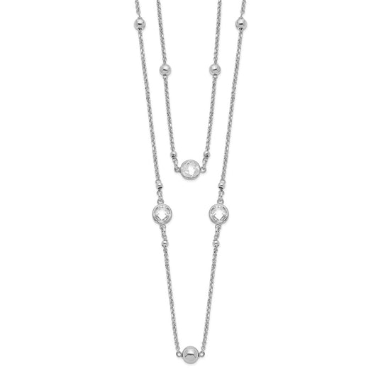 Sterling Silver Rhodium-plated CZ/Beaded 2-strand w/1in Ext. Necklace