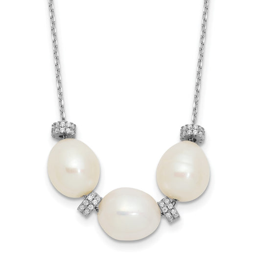 Sterling Silver Rhodium-plated CZ Bead/FWC Pearl w/ 2in ext. Necklace