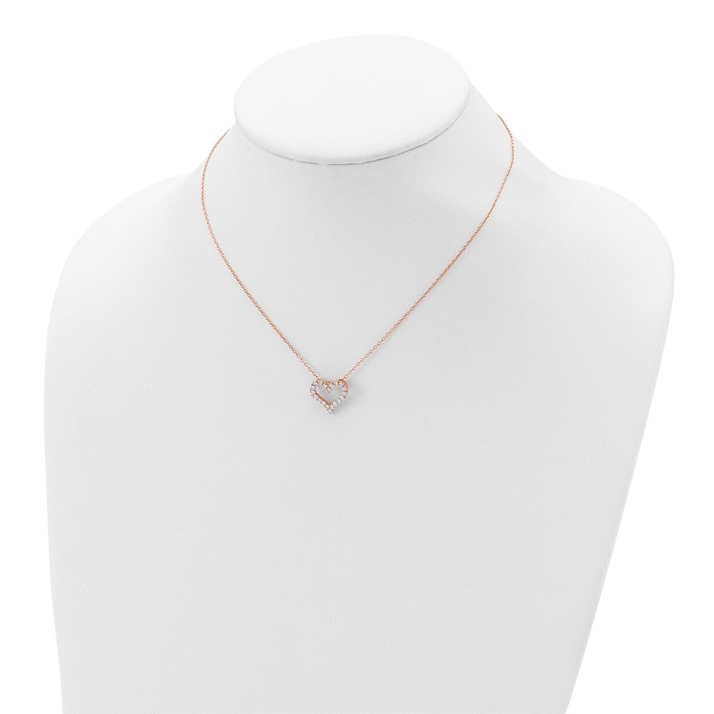 Sterling Silver Rose-tone CZ Heart w/ 2in ext. Necklace