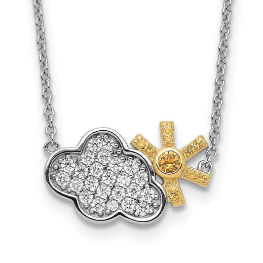 Sterling Silver RH-plated Gold-tone CZ Cloud w/Sun 2in ext Necklace