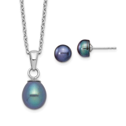Sterling Silver Rhodium-plated 6-7mm Black Teardrop Freshwater Cultured Pearl 17 inch Necklace and Button Post Earrings Set