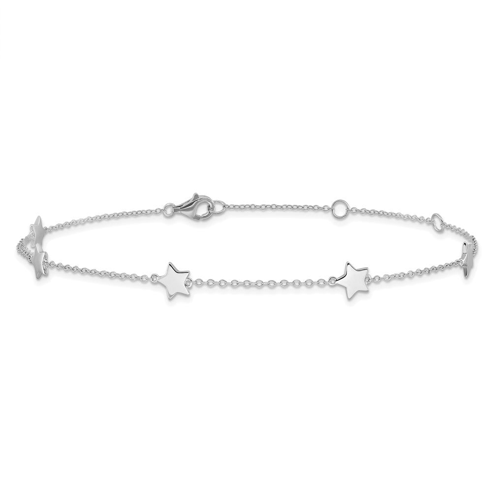 Sterling Silver Rhodium-Plated Stationed Star with 2in Ext. Anklet