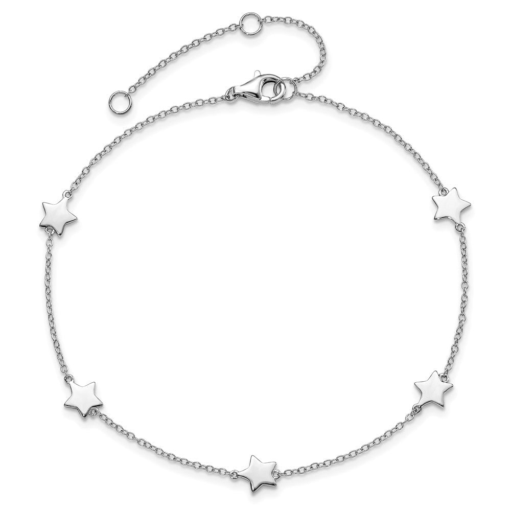 Sterling Silver Rhodium-Plated Stationed Star with 2in Ext. Anklet