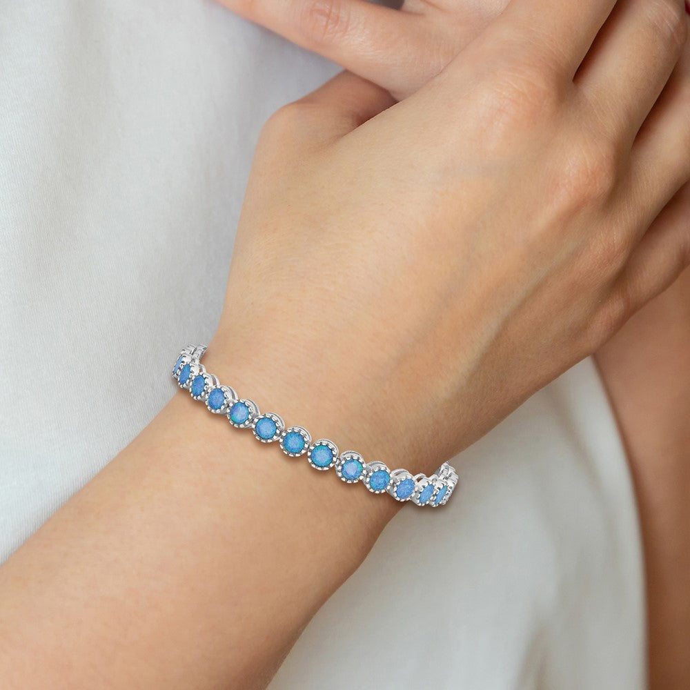 Sterling Silver Rhodium-plated Beaded Blue Created Opal Inlay Bracelet